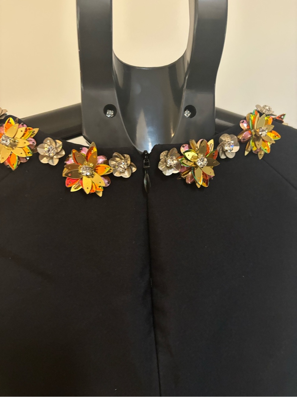 Tory Burch Black Sleeveless Mini Dress with Gold and Orange Floral Collar - Picture 4 of 5